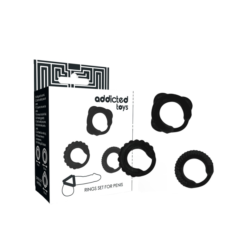 Set 3 inele penis, Addicted Toys, silicon, diametru exterior 3.1 cm, 3.3 cm, 3.5 cm, negru
