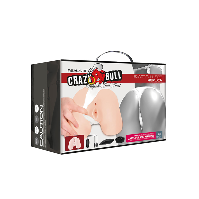 Masturbator realistic, Crazy Bull, 2 in 1, vagin si anus, marime reala, cu vibratii si telecomanda