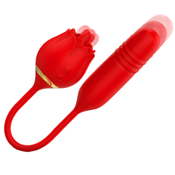Vibrator dublu, Mia Vienna, cu miscare inainte-inapoi si stimulator clitoris cu limba, 40 functii de stimulare, silicon, rosu